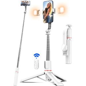 image45quot Selfie Stick Tripod with 2 Lights Extendable 5 in 1 Selfie Stick Phone Tripod Portable Selfie Sticks with Wireless Remote Compatible with iPhone 151413 Pro Max Samsung Android GoproWhitewith 2 Light