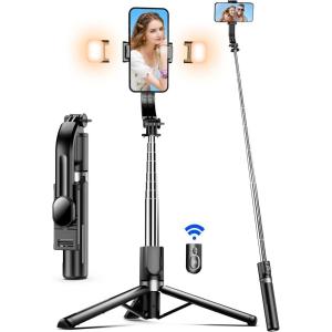 image45quot Selfie Stick Tripod with 2 Lights Extendable 5 in 1 Selfie Stick Phone Tripod Portable Selfie Sticks with Wireless Remote Compatible with iPhone 151413 Pro Max Samsung Android GoproBlackwith 2 Light