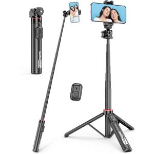 imageAluminum Selfie Stick Phone Tripod 360 Ball Head Tripod for iPhone with Cold Shoe Extendable Smartphone Tripod Stand with Remote Portable Travel Tripod Compatible with iPhone 16151413Android