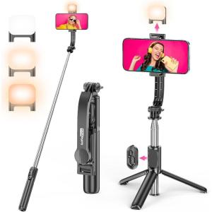 imageSelfie Stick Tripod with Fill Light All in One Extendable Selfie Stick with Detachable Wireless Remote Flexible Phone Tripod Stand Compatible with iPhoneGalaxy Compact Size ampamp LightweightBlack  With Light