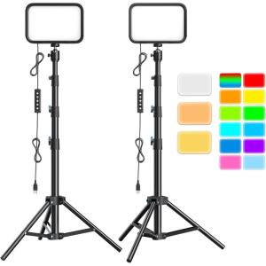 imageUBeesize LED Video Light Kit 2Pcs Dimmable Continuous Portable Photography Lighting with Adjustable Tripod Stand ampamp 5 Color Filters for TabletopLowAngle Shooting for Zoom Game Streaming YouTubeRGBFilterfree