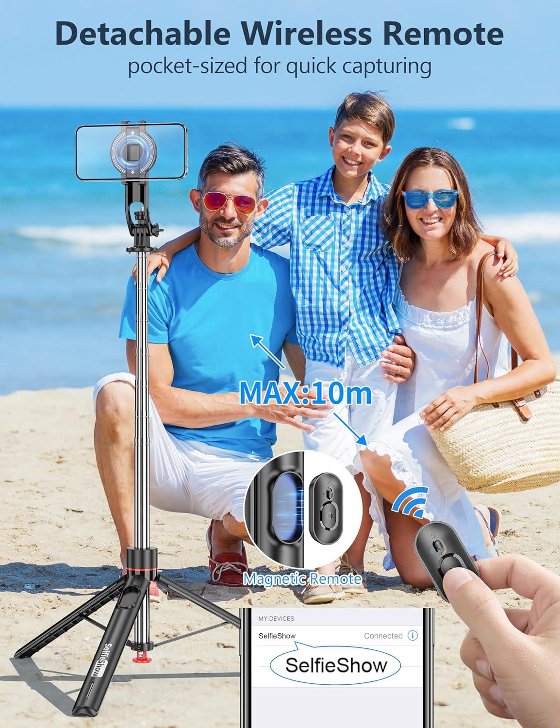 image70 Magnetic Automatic Selfie Stick Travel Tripod for Cell Phone Auto Opening Phone Tripod Stand with Magnetic Remote 360 Rotatable Extendable Smartphone Stand Compatible with iPhoneAndroid