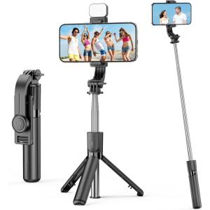 imageMini Selfie Stick Travel Tripod for Cell Phone with Light Extendable Selfie Stick for iPhone with Detachable Remote iPhone Tripod for Video Recording Photograph Compatible with Cellphones