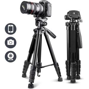 imageUBeesize 74quot Camera Tripod with Phone Holder and Remote Heavy Duty Tripod Stand with Portable Bag for Phone and Camera Compatible with DSLR Cameras Cell Phones Spotting Scopes and Binoculars67Inches