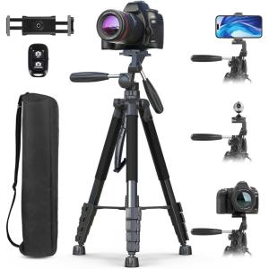 imageUBeesize 74quot Camera Tripod with Phone Holder and Remote Heavy Duty Tripod Stand with Portable Bag for Phone and Camera Compatible with DSLR Cameras Cell Phones Spotting Scopes and Binoculars74Inches