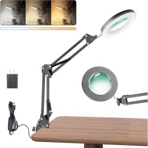 imageUBeesize 10X Magnifying Glass with Light and Stand Lighted Magnifying Glasses for Close Work Reading Crafts Jewelry Sewing Soldering Desk Lamp with Clamp with Adjustable Brightness