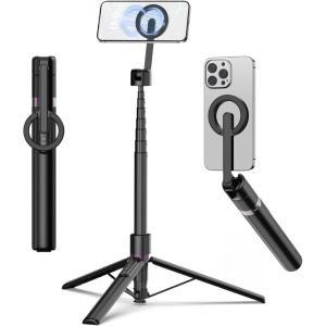image:imageTONEOF 68 Magnetic Selfie Stick Tripod with Aluminum Strong Magnetic Holder for Magsafe 360 Rotatable Travel Phone Tripod Stand with Metal Ring amp Rechargeable Remote for iPhoneAndroidOrangeBlack