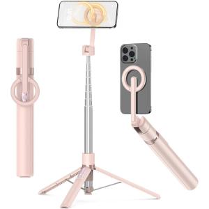 image:imageTONEOF 68 Magnetic Selfie Stick Tripod with Aluminum Strong Magnetic Holder for Magsafe 360 Rotatable Travel Phone Tripod Stand with Metal Ring amp Rechargeable Remote for iPhoneAndroidPinkPink